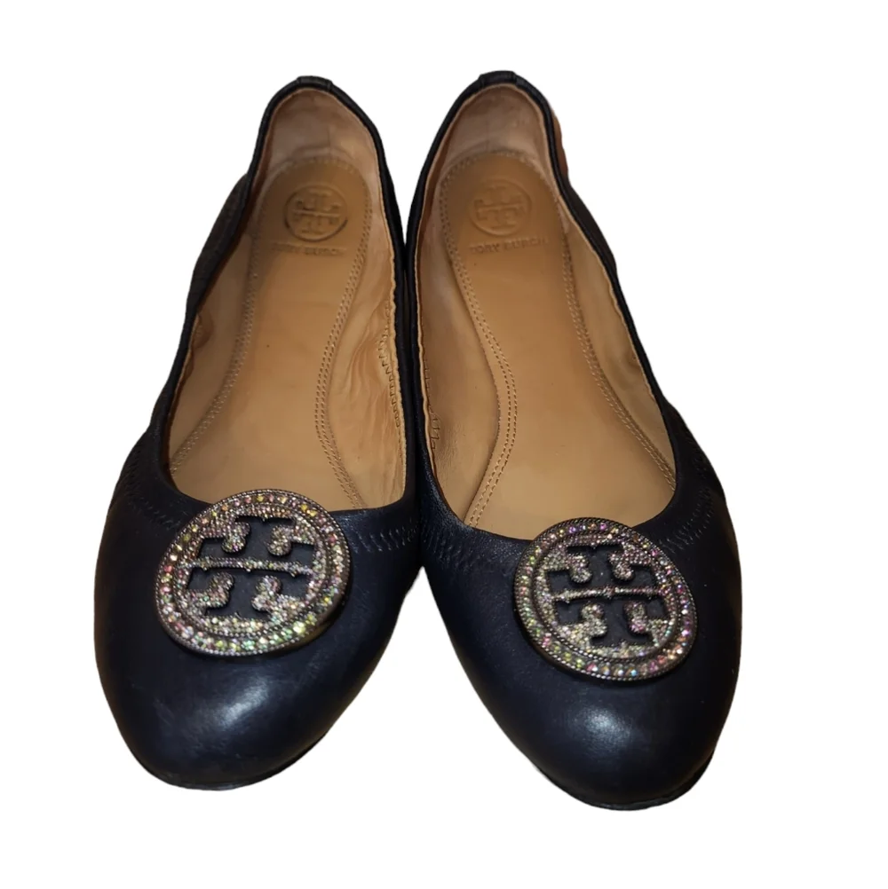 TORY BURCH Minnie Embellished Logo Travel Ballet Flat, size 7M
